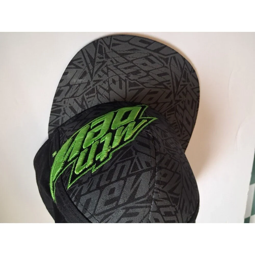 Mountain Dew Fitted Hat Size 7 Black Neon Green Logo All Over Print Cap